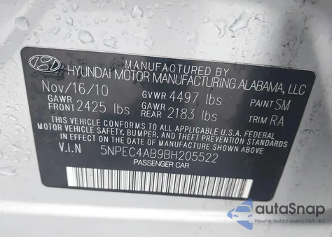 2011 Hyundai Sonata Se 2.0T z USA, uszkodzony, nr VIN 5NPEC4AB9BH205522